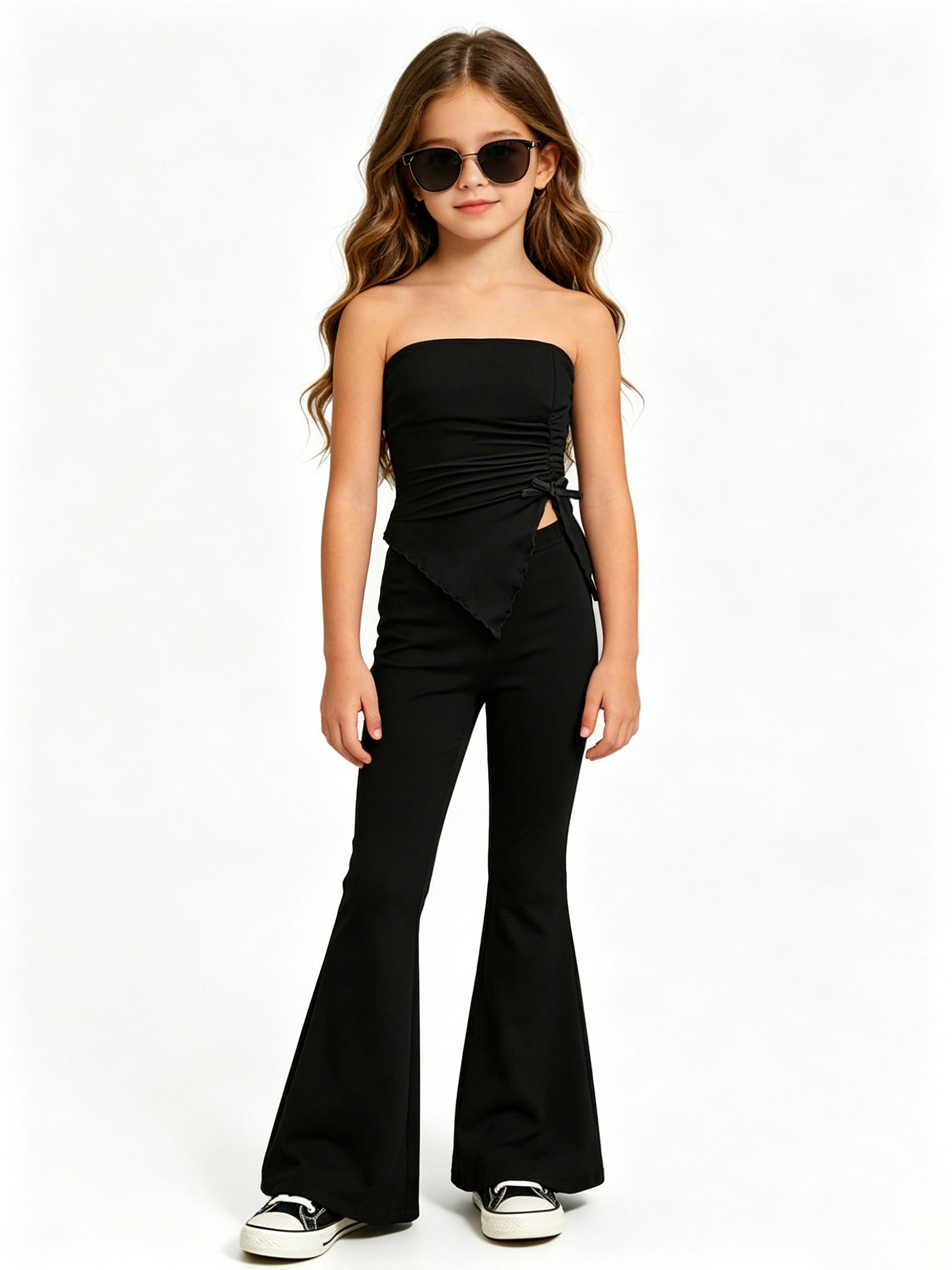 Girls 8-12 Years Summer 2 Piece Set Bow Decor Irregular Bandeau Top Long Flared Pants Casual Outfit 8Y
