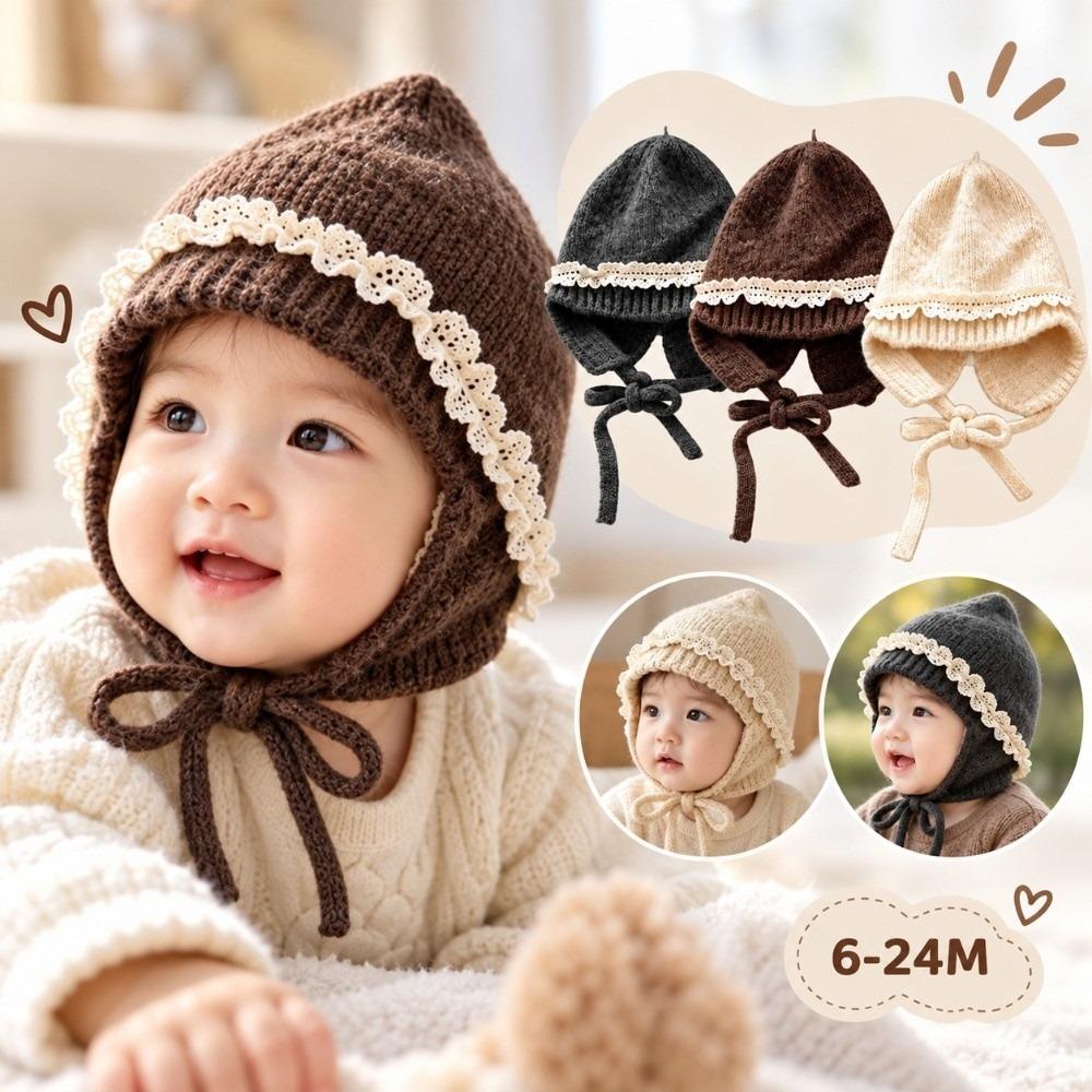 Tie Closure Kids Knit Hat Lace Trim Baby Beanie Cap New Lace Trim Hat  Girls