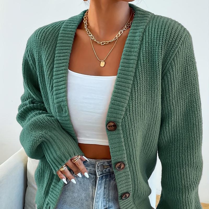Elegant Women's Knitted Cardigan Sweater Jacket - Plain Color, Front Button, Autonomous Pattern - Spring and Autumn
