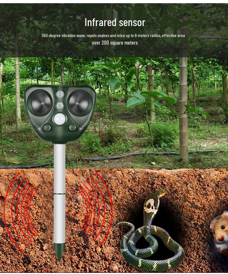 Solar Ultrasonic Animal Repeller with Infrared Sensing and Flashing Lights for Dogs, Birds, and Mice.