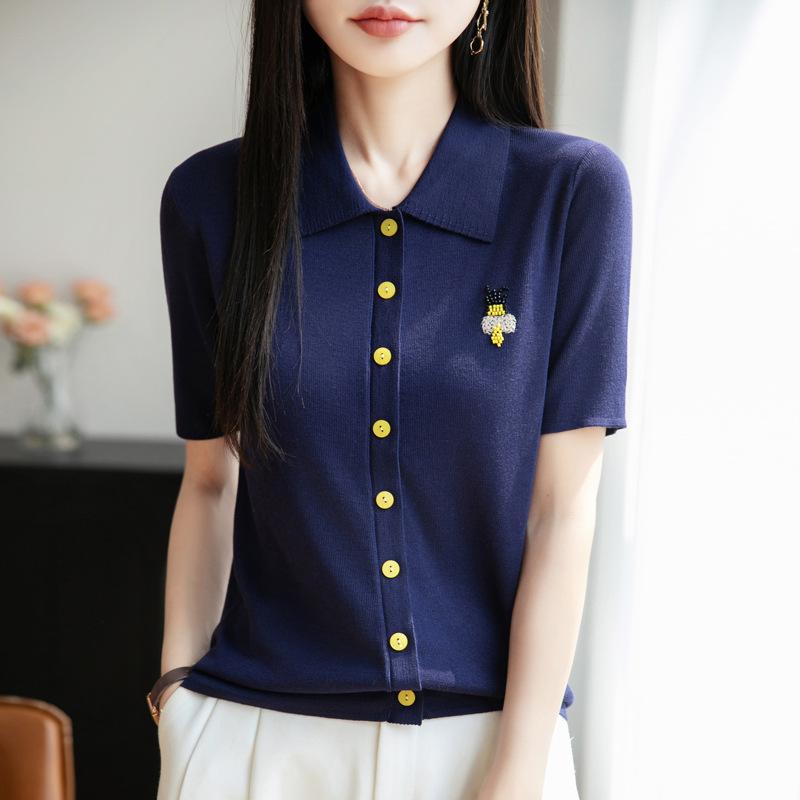 Summer Updated POLO Collar T-shirt for Women Heavy Industry Embroidery Slim Short-sleeved Simple and Versatile Knitted Pullover Half-sleeved Top