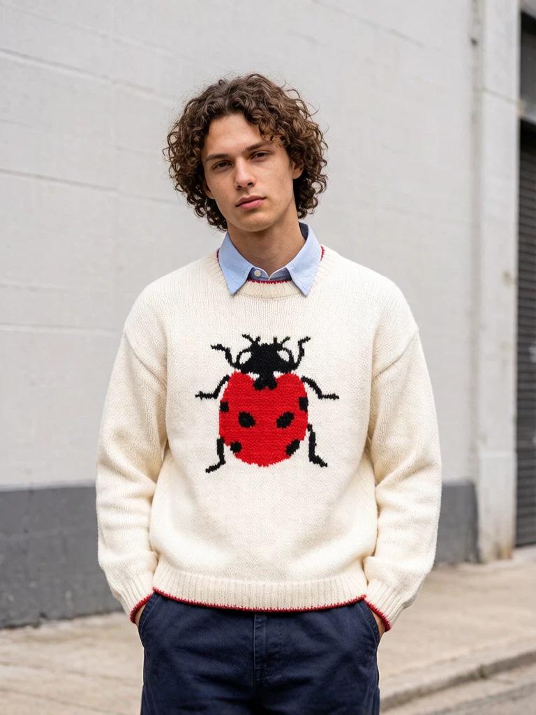 Retro Insect Jacquard Long Sleeve Knit Sweater