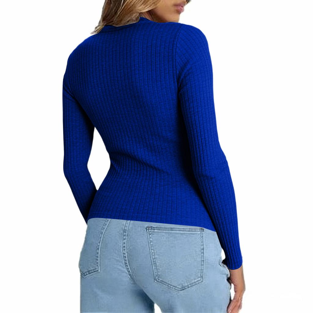 Women's Long Sleeved T-shirt Button Ribbed Knit Slim Fit Casual Top