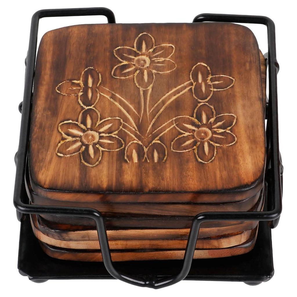 Wooden Coaster Set of 6 with Carved Flower Design on Coaster with Wrought Iron Holder for Coffee Table/Kitchen/Dining Table