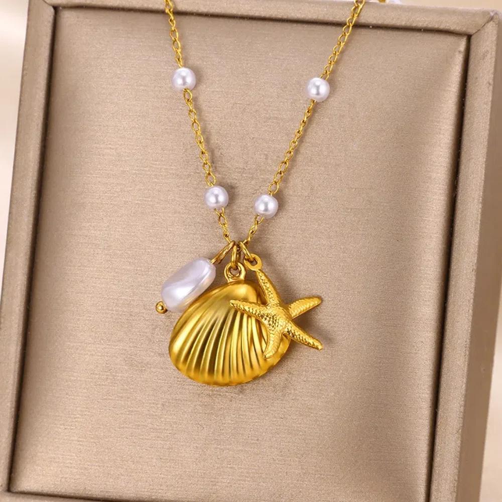 Dainty Imitation Pearl Pendant Necklace For Women Stainless Steel Gold Color Chain Elegant Wedding Christmas Jewelry Gift