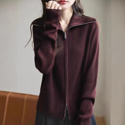 Double Zipper Lapel Knitted Cardigan Women's Spring and Autumn New Loose Versatile Thin Sweater Jacket Casual Outside