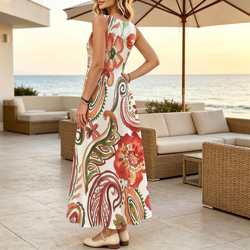 Vacation Style Sleeveless Maxi Dress Lightweight Floral Print Flowy Dress,Versatile for Casual Daily Wear