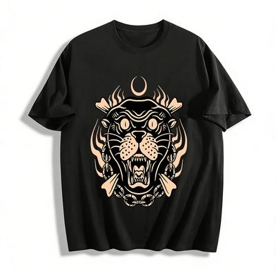Camiseta Informal de Cuello Redondo con Estampado de Cabeza de Tigre Estilo Oscuro Vintage Camiseta de Algodón Puro