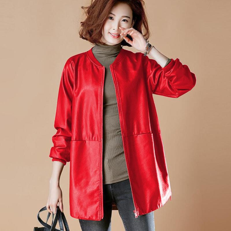 Übergröße 7XL Damen Frühlings-Mittellange Lederjacke Koreanische Lockere Baseballuniform PU-Lederjacke Windbreaker