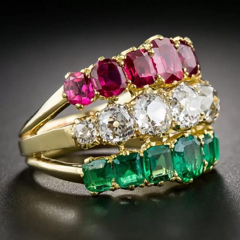 Fashion Gold Color Inlaid Green Red White CZ Women's Ring Geometry Daily Wear Party Jewelry