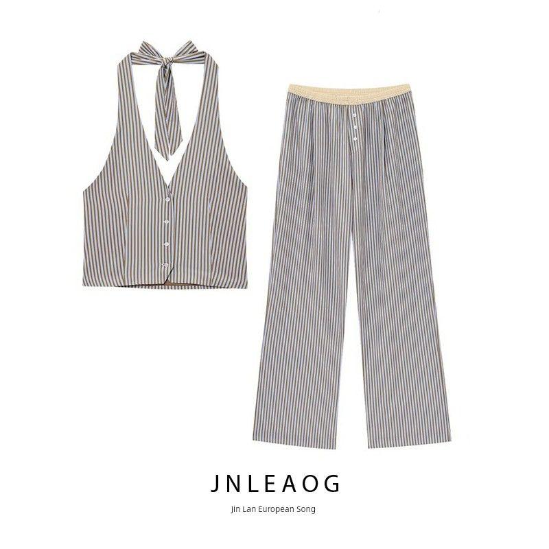 Jnleaog Spring New Arrival Women's Clothing Fashion Style French Fashion Design Stripes Hanging Collar Vest Style Tops