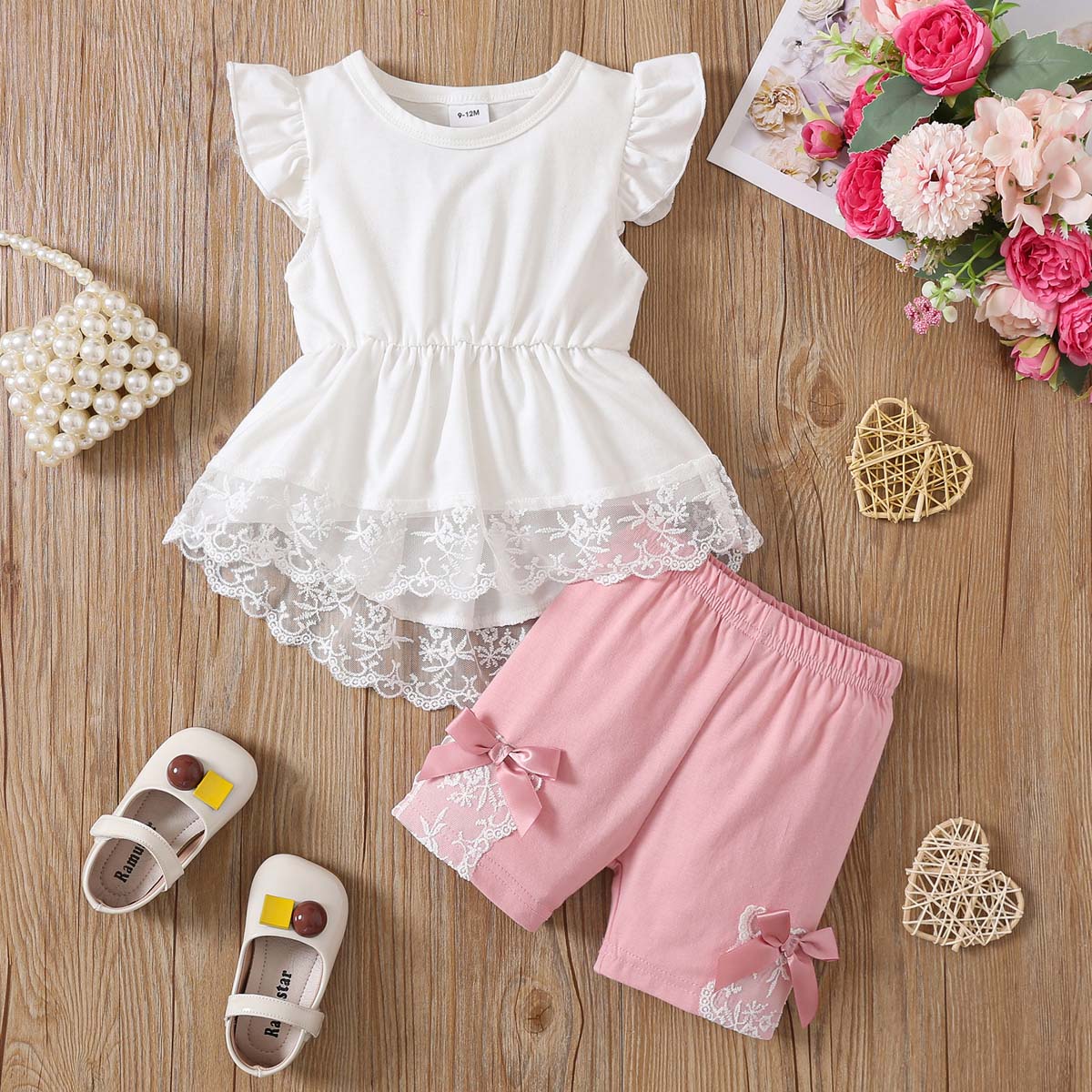 Baby Girl Clothing Set 0-2 Years Short Sleeve Tops and Shorts Toddler Girl Lace Patchwork Outfit Spring Summer Daily Wear  for 0-24M 3-6M