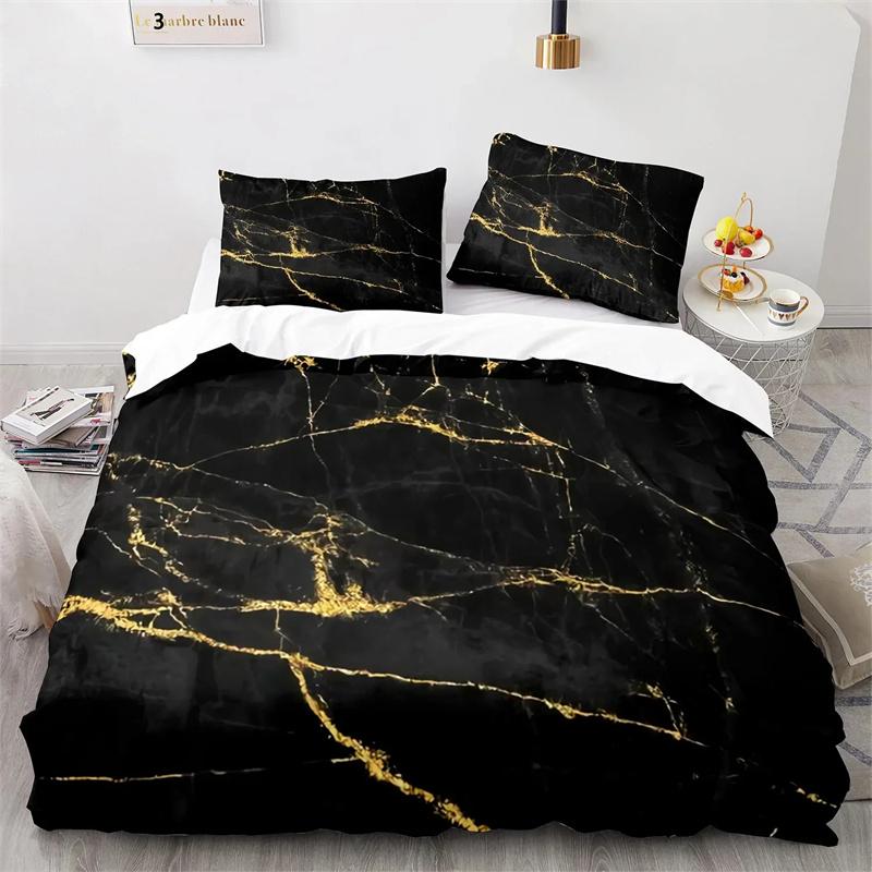 Black Gold Metallic Marble Duvet Cover Set Queen/King/Full/Twin Size Foil Print Glitter Bedding Set for Teen Boy Girls Men Women