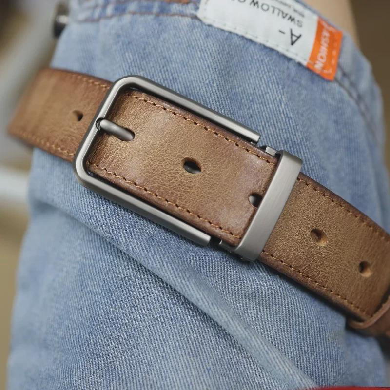 Cinto Masculino Retro de Couro de Vaca com Fivela de Pino – Cinto Casual Versátil para Jeans para Estilo Jovem e na Moda