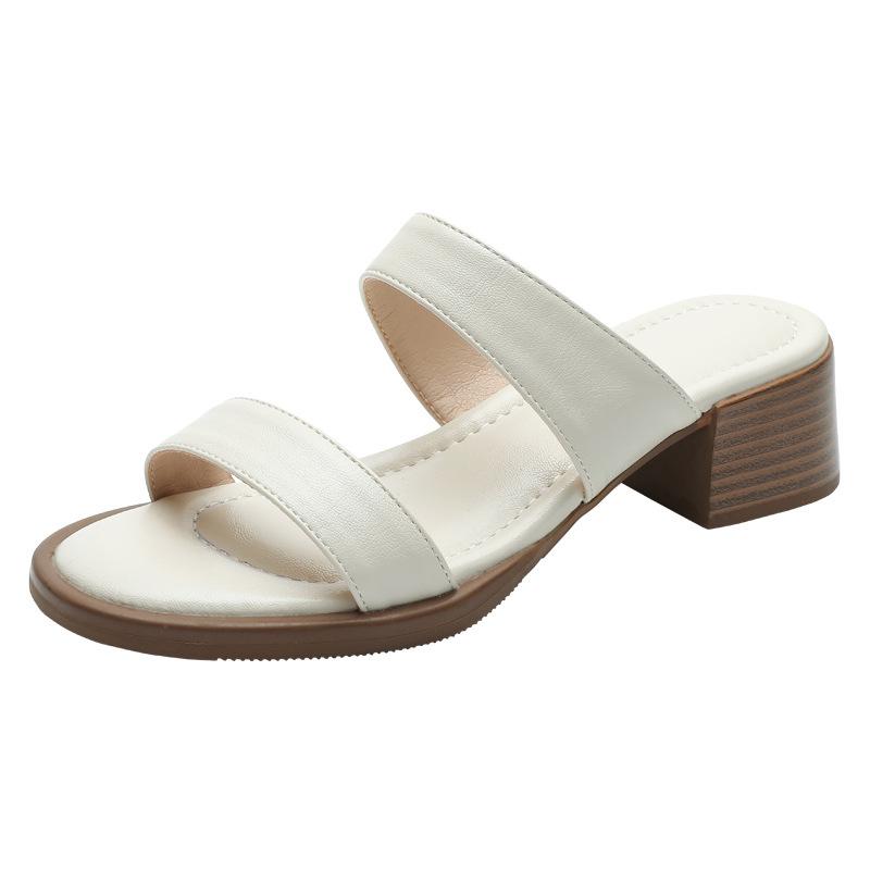 Retro elegant style one-word cool slippers summer new mid-heel wear sandals open-toed thick-heeled slippers beach shoes