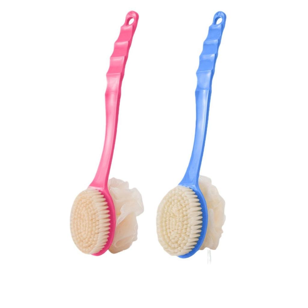 Dubbelzijdige badschrobborstel met zachte haren en lange ergonomische handgreep voor exfoliëren en rugschrobben