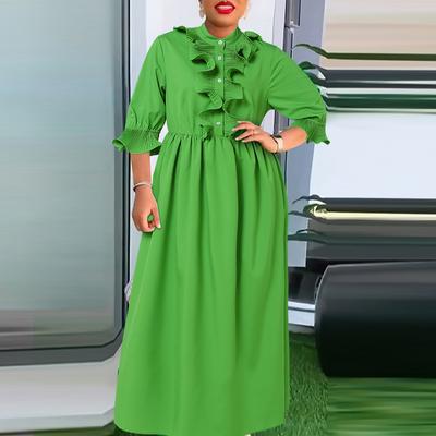 Women Plus Size Stand Collar Ruffled Mid Sleeve Solid Color Dresses