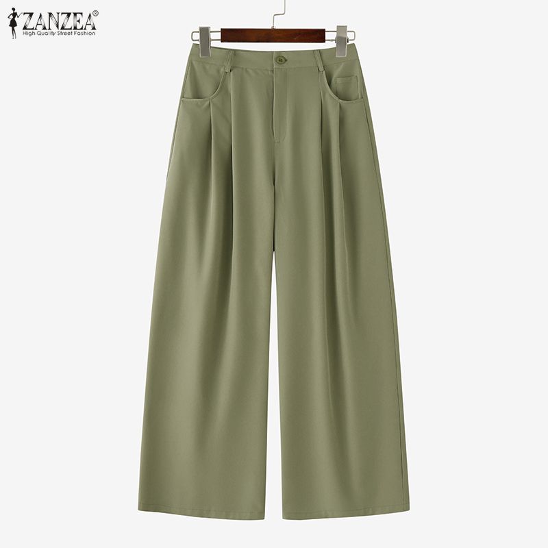 ZANZEA Women High Zip-up Waist Casual Casual Office Wide Leg Pants Trousers Nonelastic