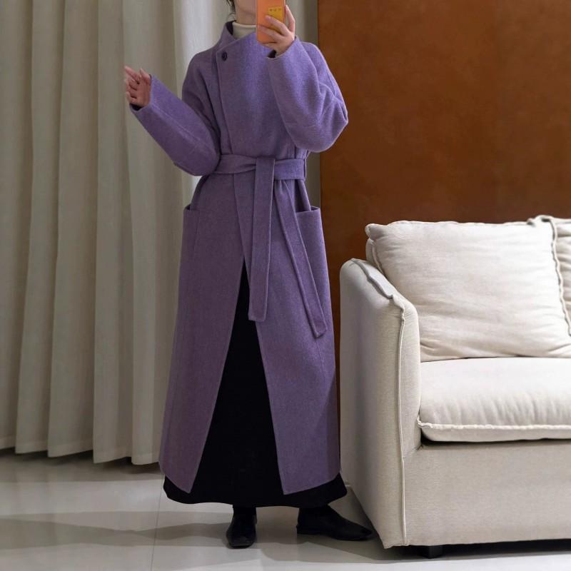 Womens Double-Faced Wool Alpaca Blend Long Coat With Oversized Notched Collar Slim Fit Winter Outerwear