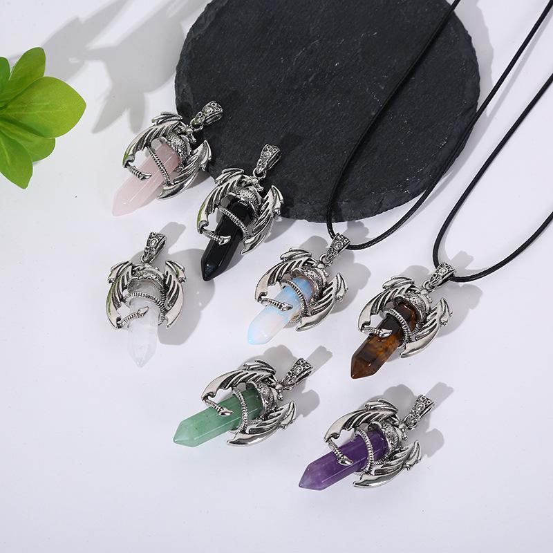 Vintage Flying Dragon Pendant Necklace with Amethyst, Rose Quartz, and Tiger Eye Gems