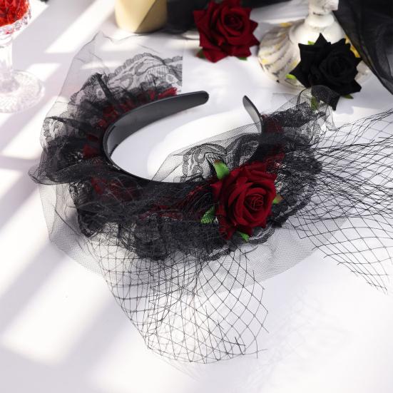 Halloween Rose Flower Headband for Women Gothic Black Lace Red Rose Hairbands Lolita Lace