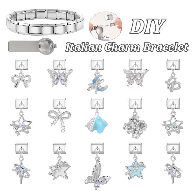 Luxury Pearl Zircon Star Moon Flower Shell Butterfly Pendant Italian Charm Link Fit 9mm Bracelet Stainless Steel DIY Making Gift