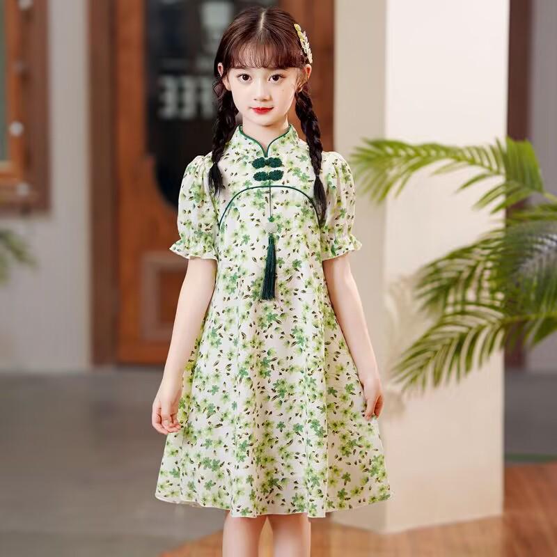 Girls' Summer Floral Cheongsam Princess Dress - Chinese Hanfu Style