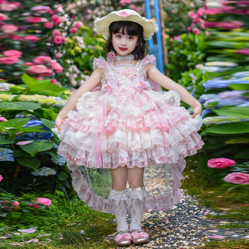 Girls' Pink Lolita Princess Dress - Summer Floral Birthday Gown