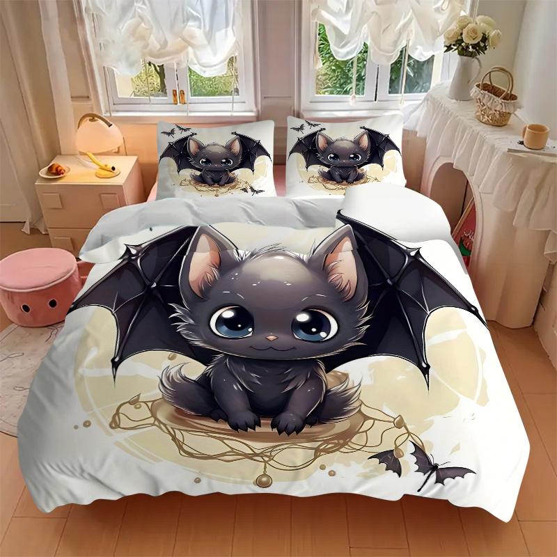 3pcs Delightful bat design Bedding Set, Including 1 Quilt Cover and 2 Pillow Shams, Without Filling, Soft and Comfortable Home Bedroom Fabri