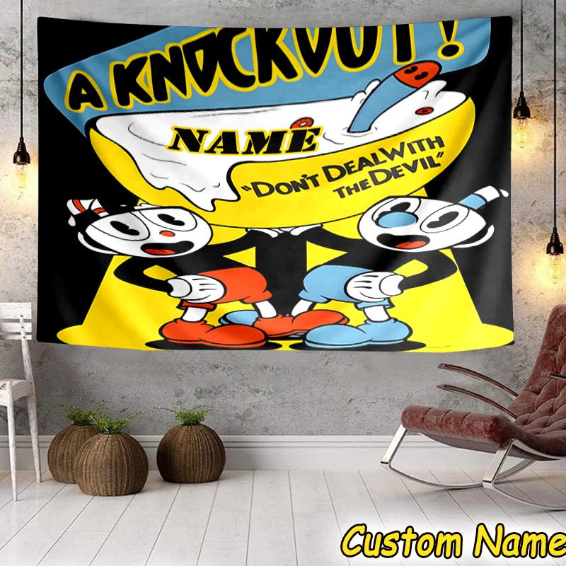 Custom Name Tapestry Cuphead Tapestry Room Decoration Wall Hanging for Living Room Bedroom, Dormitory, Birthday and Christmas Gifts
