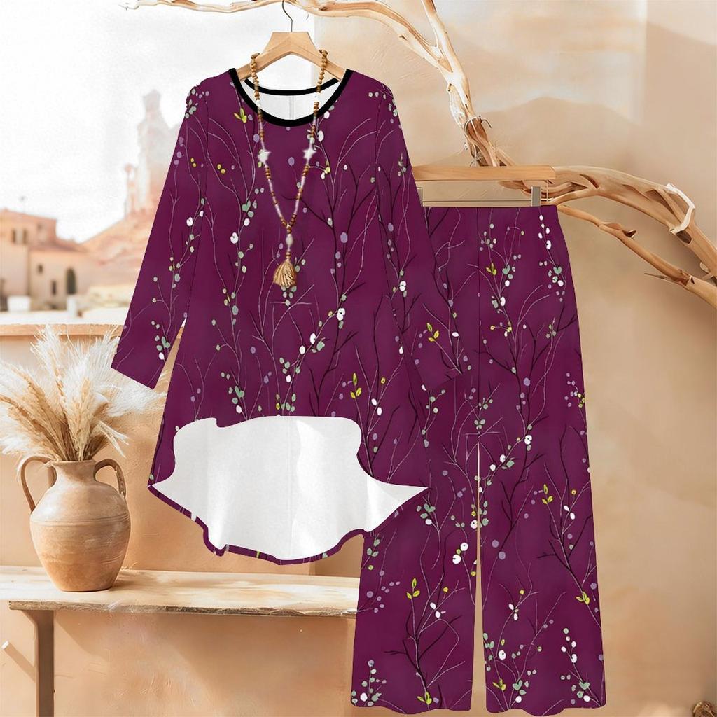 Floral Print Print Two Piece Outfit Women Long Sleeve Irregular Hem Tunic Top Wide Leg Pants Casual Matching Set
