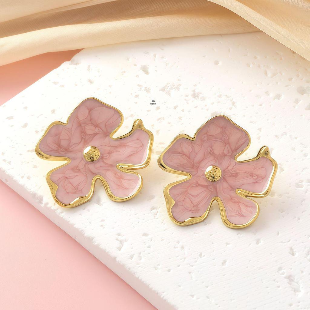 Luxury Titanium Steel Flower Stud Earrings with Enamel and Irregular Petals