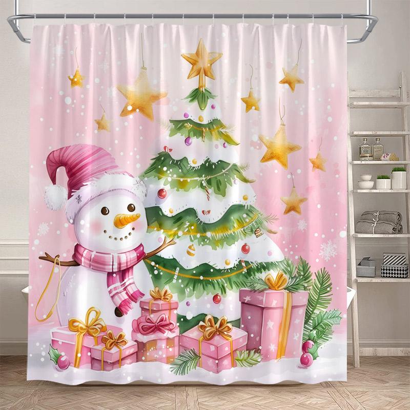 Cute Snowman Christmas Shower Curtains Xmas Tree Gift Cartoon Santa Claus Winter Scenery Bath Curtain Fabric Home Bathroom Decor