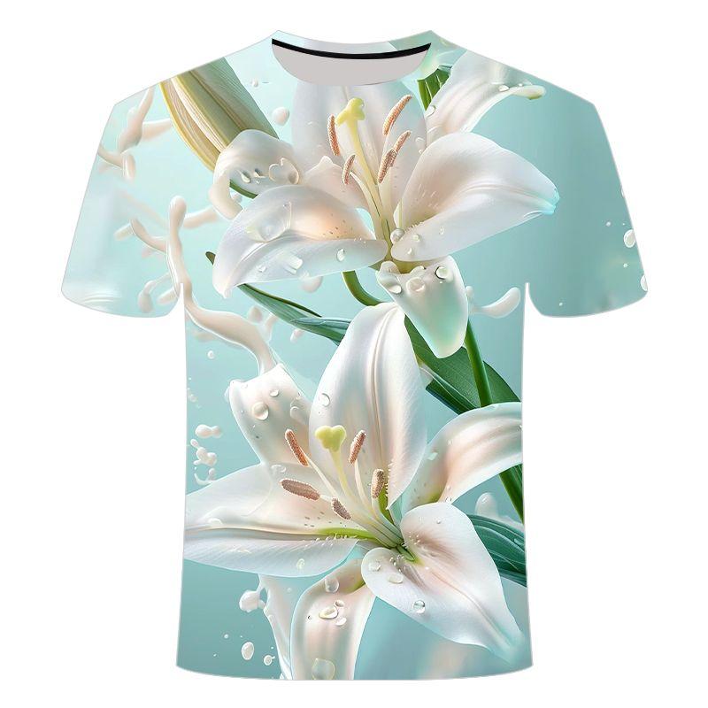 2024 Summer Creative 3D Printed Various Water Flower Series, Niche Fashion Men's and Women's Round Neck T-shirt