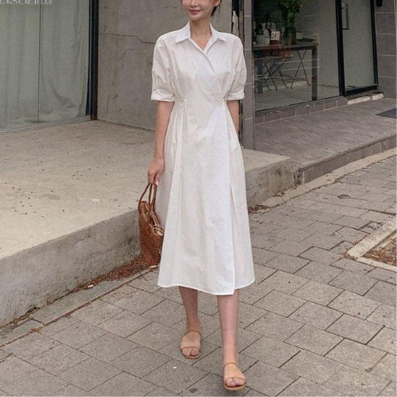 

Korean Style Plus size women clothing Chubby Girl Fashion Lady Lapel White One Button Mid-Length Short sleeve Dress L-4XL White 4XL