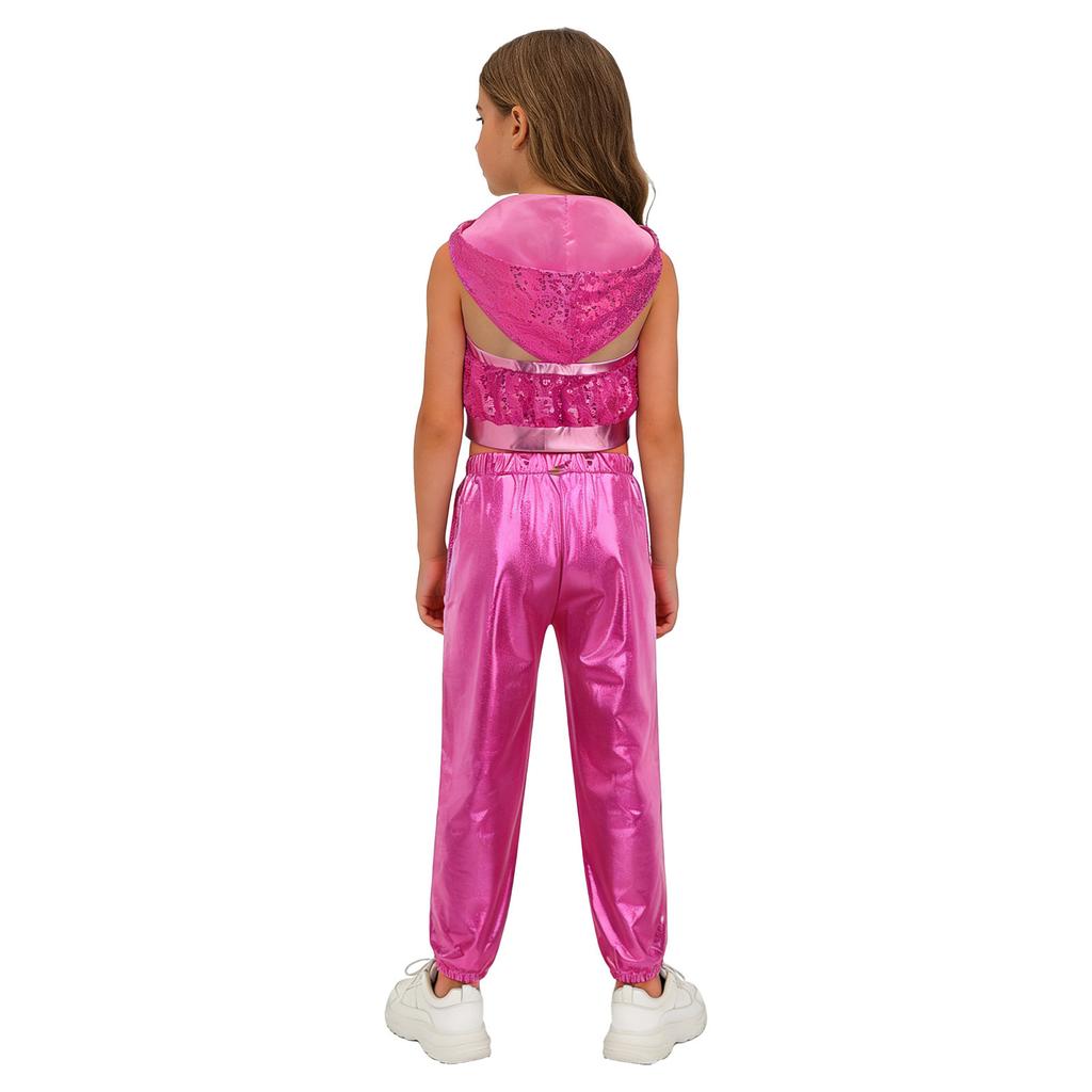 Mädchen Glitzernde Pailletten Reißverschluss Vorne Crop Top Elastische Taille Hose Hip Hop Jazz Tanz Set