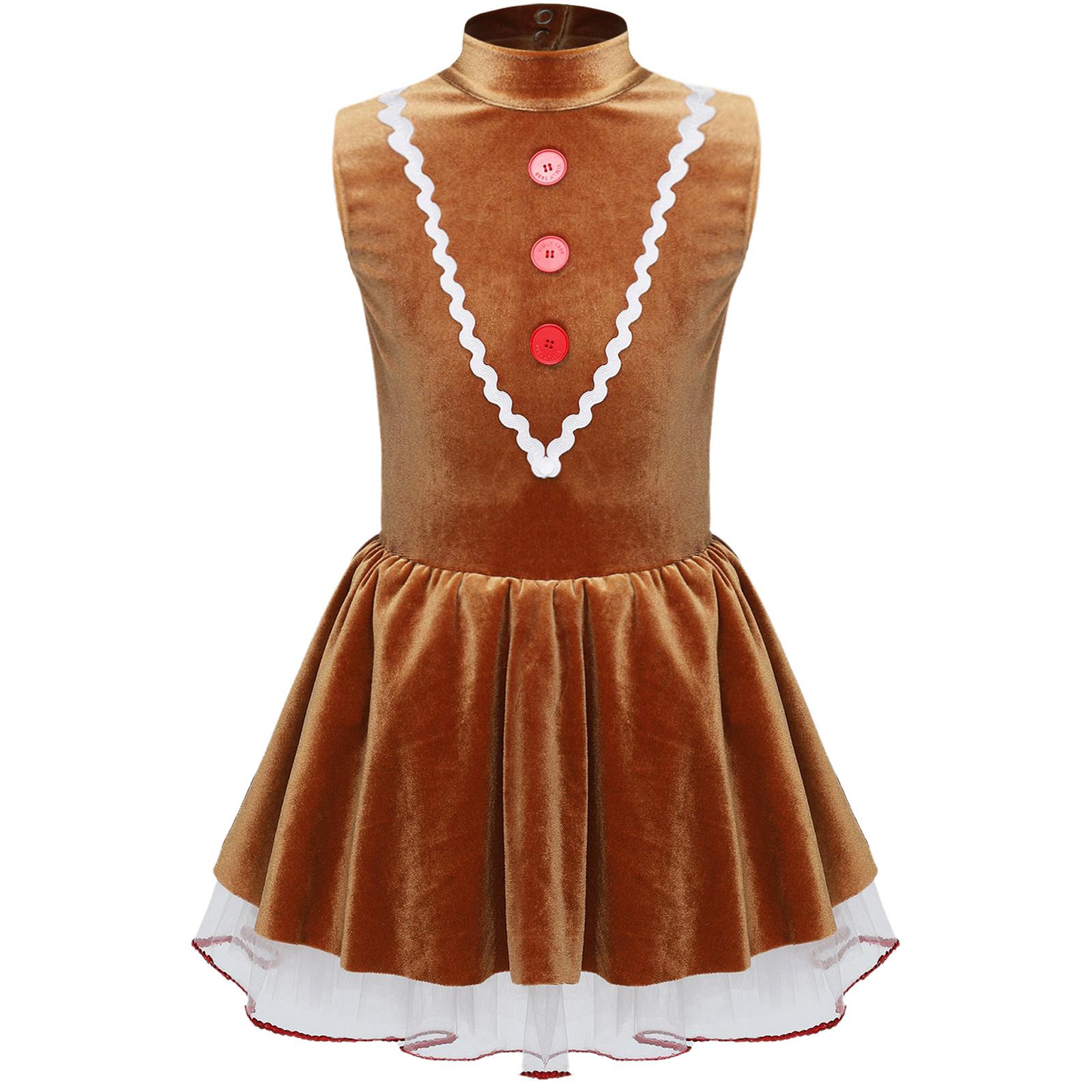 

Girls Gingerbread Man Costume Christmas Velvet Tutu Dress Sleeveless Hollow Back Dance Leotard Jumpsuit 13-14 Years коричневий