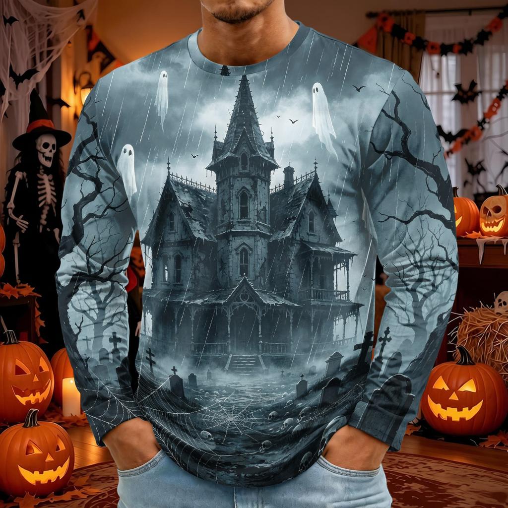 Men's Long Sleeve Halloween Print T-Shirt with Round Neck, Fashion Top for Halloween Events