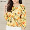 Women Summer Round Neck 3/4 Sleeve Loose Print Blouse
