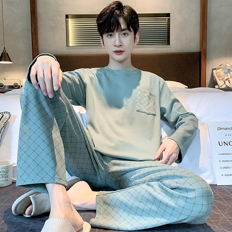 Jarní a podzimní nové pánské pyžamo domácí oblek pro teenagery jednoduché domácí oblečení bavlna velká velikost podzimní a zimní volnočasové pyžamo