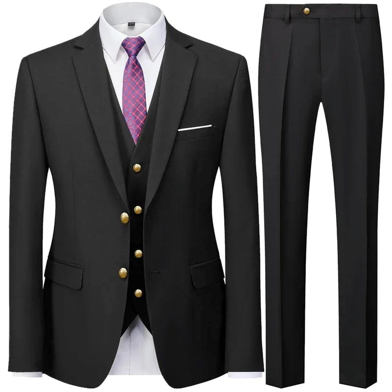3 Pieces Men Business Suits Sets / Male Groom Wedding Banquet Solid Color High End Large Size Brand Blazers Jacket Coat