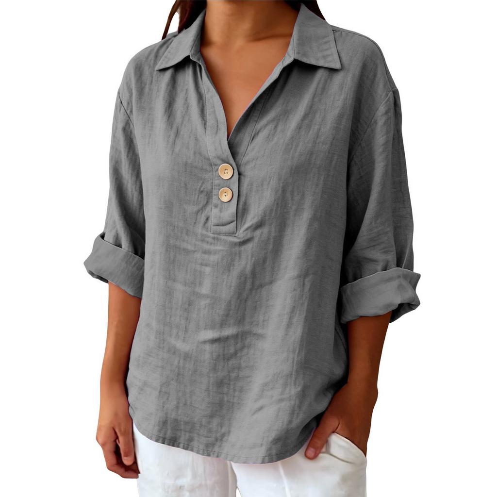 Women's Shirt Seven-Sleeve Lapel Cotton Linen Top Solided Color Casual Breathable Lapel Shirt