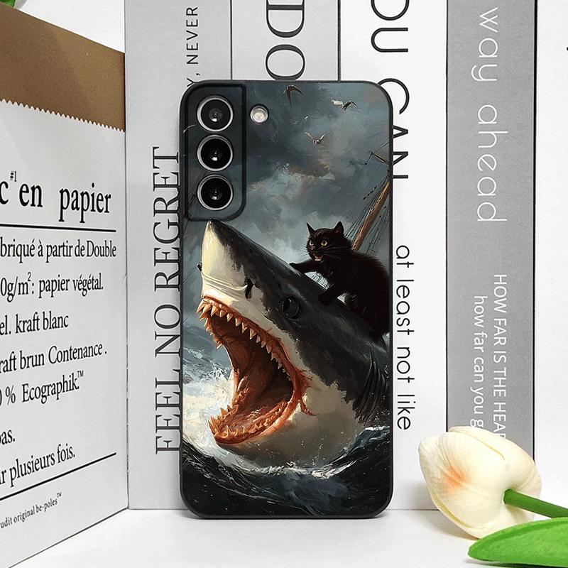 Funny Abstract Shark Black Cat Phone Case for Samsung Galaxy S24+ S25 S23 Ultra S22 Plus S21FE M53 M34 M55 5G Frosted Soft Cover