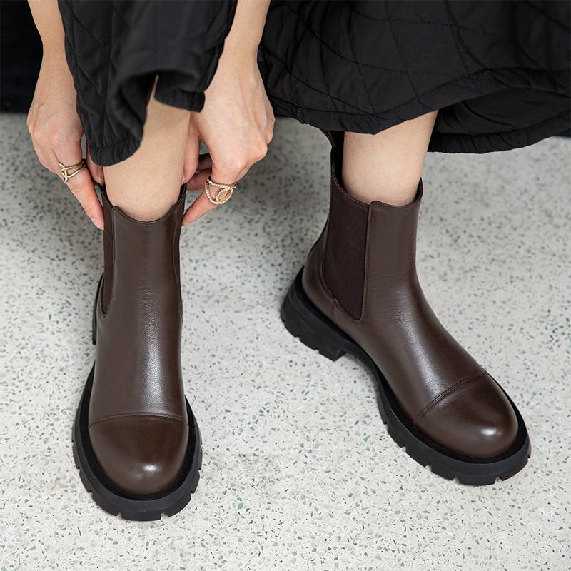 2024 Fall/Winter Shoes Women Leather Ankle Boots Women Round Toe Thick Heel Women Shoes Solid Chelsea Boots Casual Women Boots