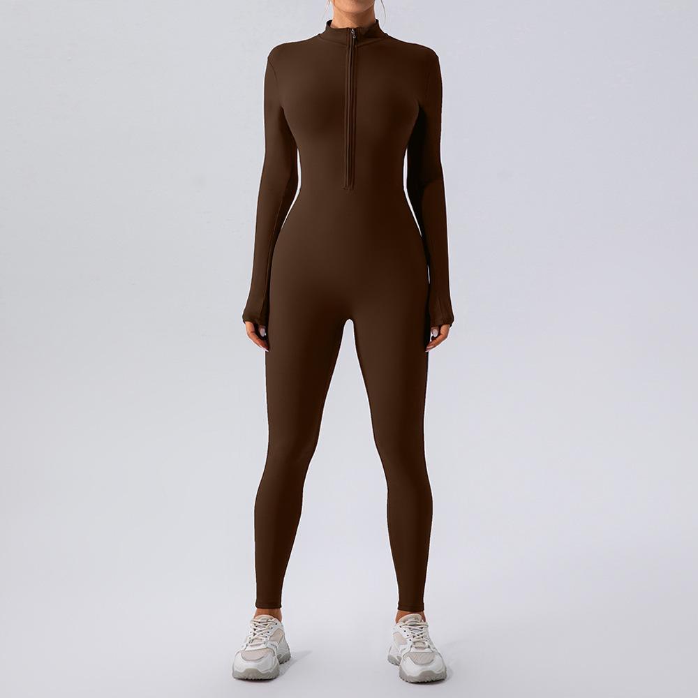 

European & American Zipper Nude Long Sleeve Women s Slimming Yoga Dance One-Piece Tights Medium темно-коричневого кольору