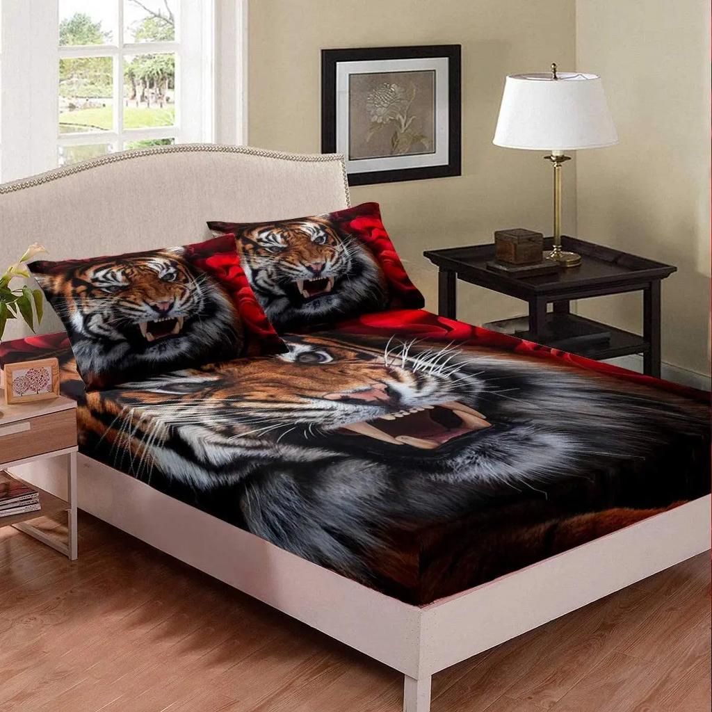 White Tiger Fitted Sheet Queen Size Flowers and Tiger Print Bedding Set for Teens Children Gift Wildlife Animal Floral Theme