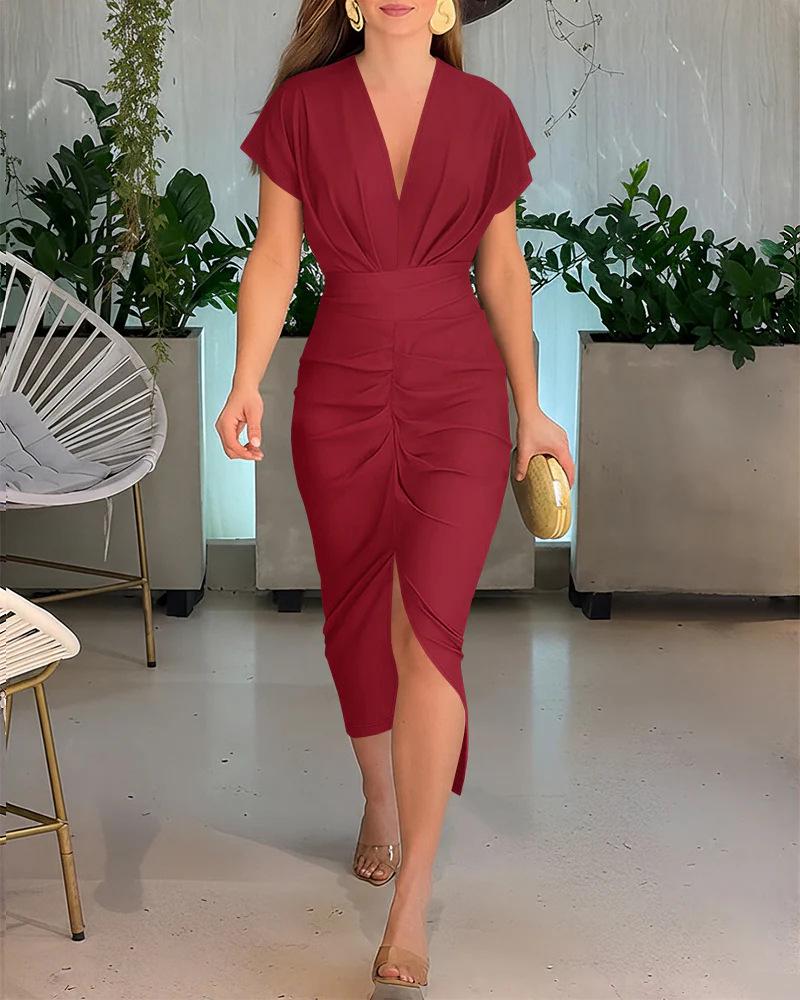 2025 Europäisches & Amerikanisches Deep V-Ausschnitt Plissiert Schlitz Taillenbetonend Schlankes Midi-Kleid für Damen