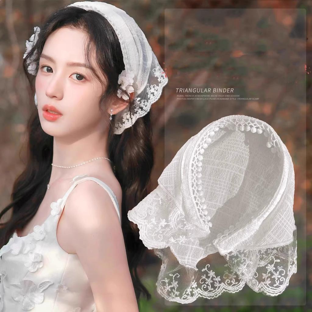 New White Lace Hair Bands Hoop For Women Elastic Triangular Scarf Girls Rural Style Seaside Hairband Headwear Hair Accessories