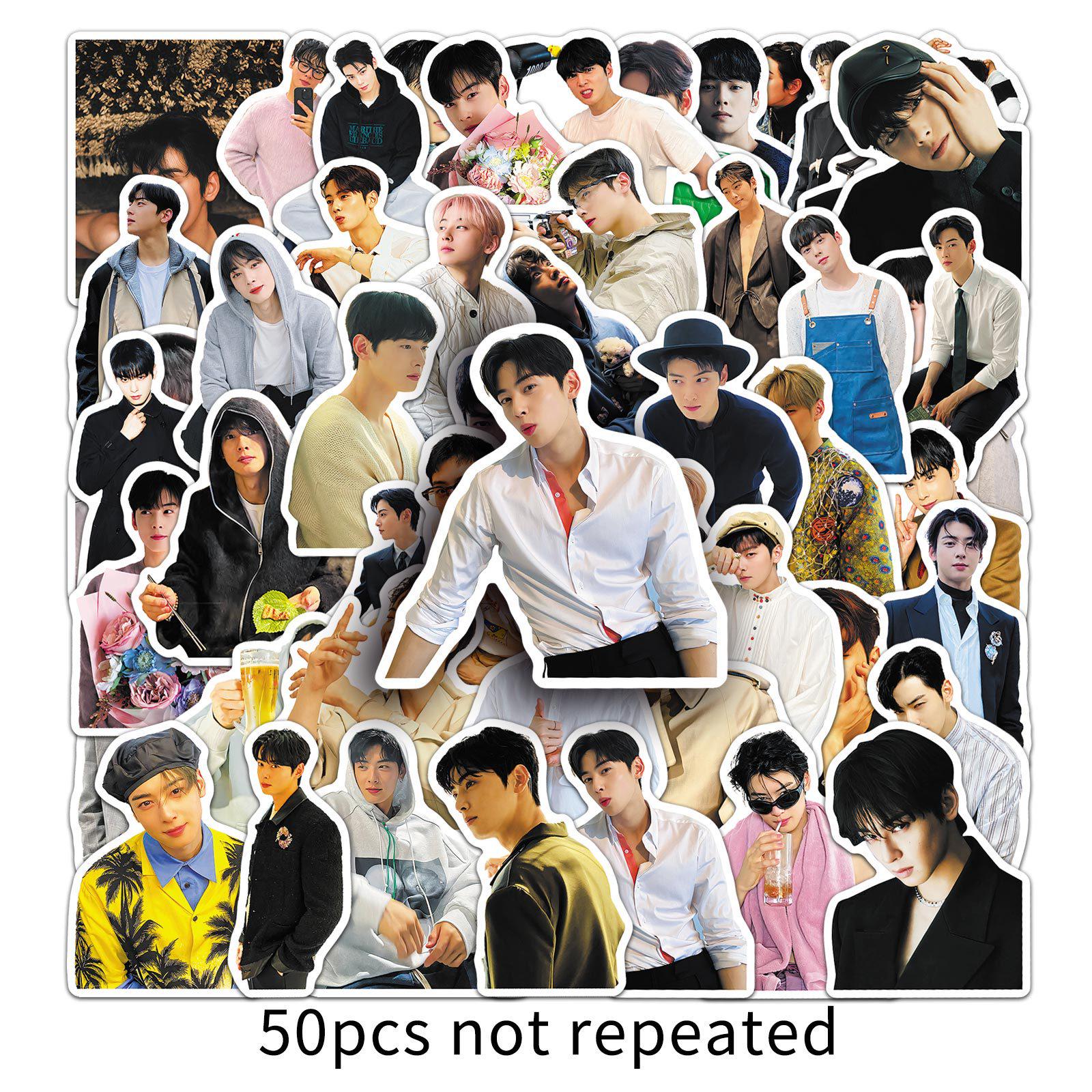 50-Piece Cha Eun-woo Star Eco-Friendly Waterproof Stickers for Earphones, Refrigerators, Guitars, and Laptops