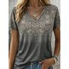 Damen Boho Bandana-Print V-Ausschnitt T-Shirt, Lässige Kurzarm-Tops, Ethnischer Stil Tägliche Kleidung für Frühling & Sommer